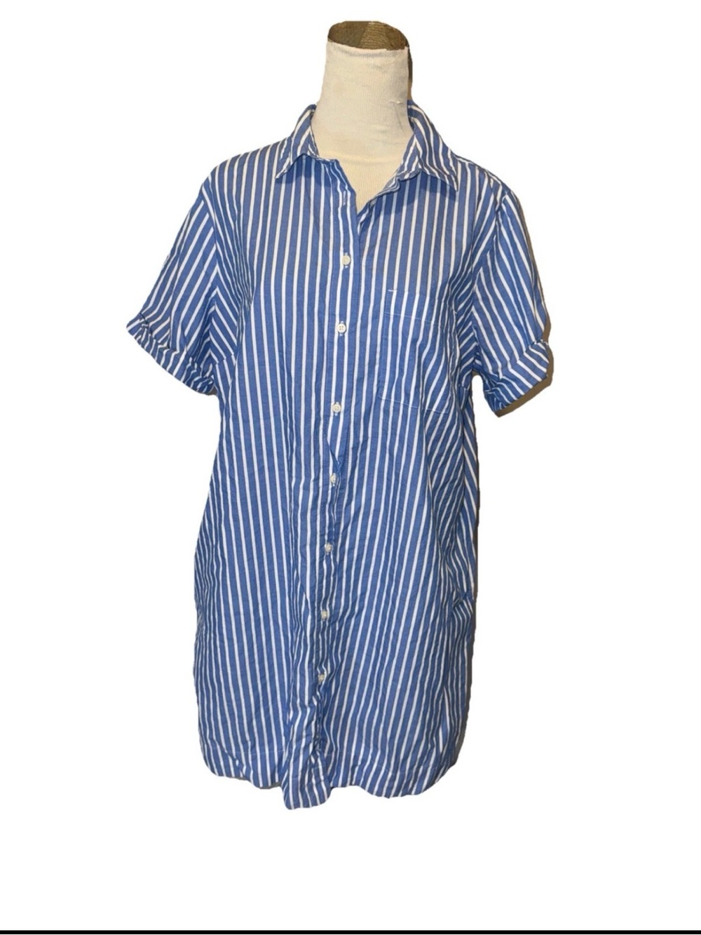 Old Navy 100% Cotton Shirt Dress L Blue White Stripe